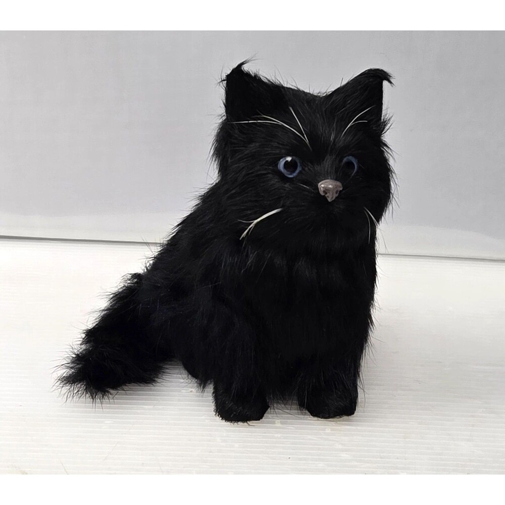 Realistic Black Cat Kitten Made of Rabbit Fur Toy Figurine